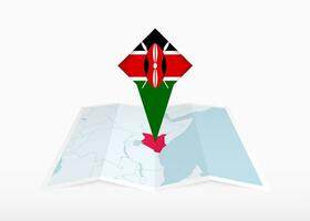 Kenia es representado en un doblada papel mapa y clavado ubicación marcador con bandera de Kenia. vector