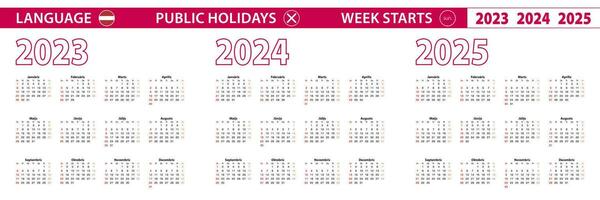 2023, 2024, 2025 year vector calendar in Latvian language, week starts on Sunday.