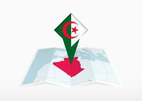 Algeria is depicted on a folded paper map and pinned location marker with flag of Algeria. vector