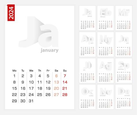 Calendar 2024 template, minimalist calendar set for 2024 year.