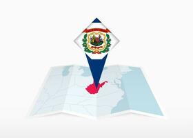 West Virginia is depicted on a folded paper map and pinned location marker with flag of West Virginia. vector