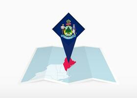 Maine is depicted on a folded paper map and pinned location marker with flag of Maine. vector