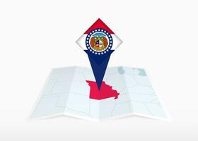 Missouri is depicted on a folded paper map and pinned location marker with flag of Missouri. vector