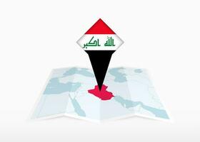 Iraq is depicted on a folded paper map and pinned location marker with flag of Iraq. vector