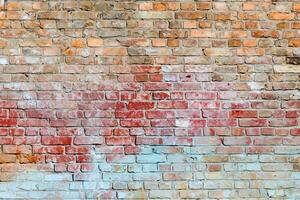 The texture of the old brick wall painted of blue, red, yellow and white. photo