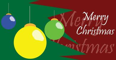 Merry Christmas, Christmas card, red background, Christmas tree and balls vector, yellow and green and blue balls, suitable for social media posts and banner and sign, school Christmas advertisement vector
