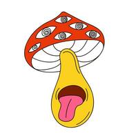 Psychedelic mushroom character in groovy style. Fly agaric with hypnotized eyes. Vector illustration isolated on a white background.