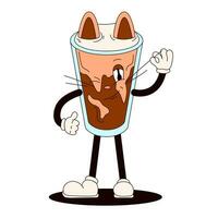 maravilloso bebida gato personaje en forma de con hielo frío elaborar cerveza café. personaje con orejas y bigotes en dibujos animados estilo. vector ilustración aislado en un blanco antecedentes.