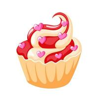 Muffin with pink candy in shape of heart. Flat style cupcake. Vector illustration isolated on a white background.