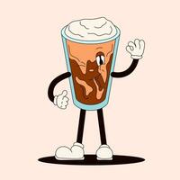 Groovy drink smile character in shape of Iced cold brew coffee. Mascot in cartoon style. Vector illustration isolated on a peach background.