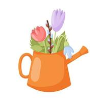 Easter spring flowers. Tulips with leaves in a watering can. Cartoon vector spring flowers