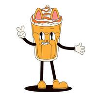 Groovy drink cat character in shape of frappe iced coffee. Cartoon style. Vector illustration isolated on a white background.