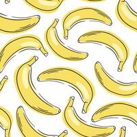 bananas sin costura modelo en un blanco antecedentes. amarillo banana. envase papel, bandera, póster, impresión. Fresco plátano icono vector ilustración.