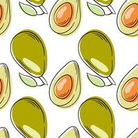 Avocado fruits seamless pattern hand drawn style. Sketch of a whole avocado, sliced and leaves. Avocado line art. vector