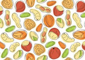 Nuts seamless pattern in line art, flat style. Pistachios, hazelnut, almond, cashew, walnuts, macadamia, peanut and pecan. Vector illustration on a white background.