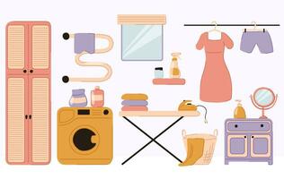 Laundry room interior with washing machine, ironing board, clothes rack, household chemistry cleaning, washing powder and basket. Vector illustration in flat, doodle style.