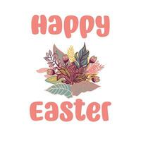 Happy Easter text with a bouquet of flowers vector