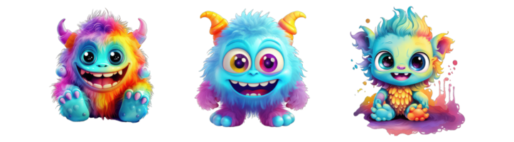 AI generated set Monster colorful 3d . Cute kawai in png