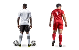 ai généré football joueur dans blanc et rouge uniforme avec Balle permanent sur transparent Contexte png