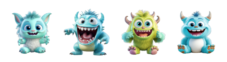 AI generated 3d cartoon cute monsters on isolated on transparent background png