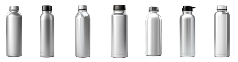 AI generated set of different white metal water bottles isolated on transparent background png