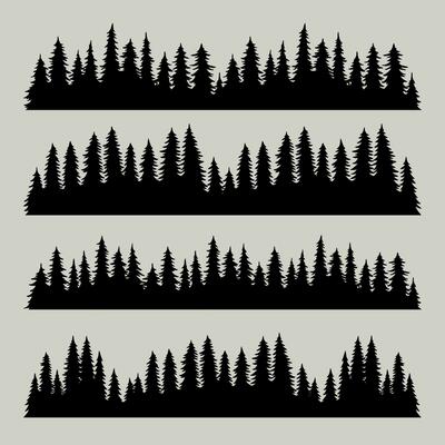 Vintage trees and forest silhouettes set, black pine woods design on white background