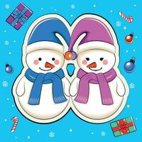 New Year, Christmas card, stickers with cute snowmen in cartoon style. vector