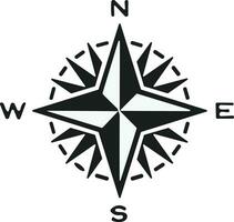 Compass icon. Monochrome navigational compass with cardinal directions of North, East, South, West. Geographical position, cartography and navigation. Vector