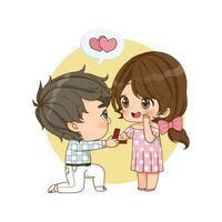 Valentine day with cute couple cartoon in love, man proposing to the woman kneeling vector illustration