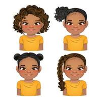conjunto de peinado para negro chicas, muchachas caras, avatares, niño cabezas diferente color pelo vector