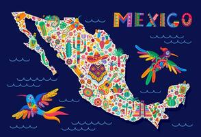 mexicano mapa silueta con nacional símbolos vector