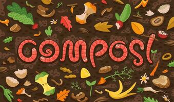 Funny cartoon earth worms in compost typography vector