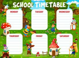 Timetable with cartoon gnome characters at village vector
