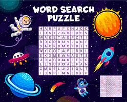 Word search puzzle game, astronaut rocket in space vector