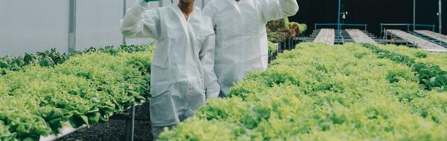 Man and woman use a test tube and a pipette while working in a greenhouse. photo