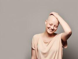 ai generado retrato de caucásico calvo mujer, alopecia y cáncer conciencia foto