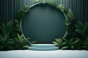 AI generated Empty concrete podium, green plants and leaves. Stage showcase for cosmetic products presentation photo