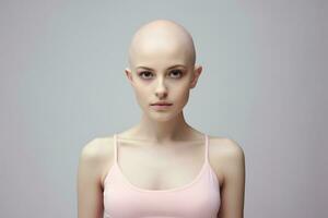 ai generado retrato de caucásico calvo chica, alopecia y cáncer conciencia foto