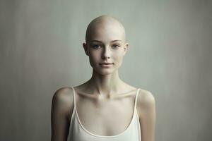 ai generado retrato de caucásico calvo chica, alopecia y cáncer conciencia foto