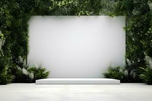 AI generated White mockup frame wall decorated by green plants, copy space photo