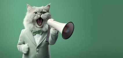 ai generado gato anunciando utilizando mano vocero. notificando, advertencia, anuncio. foto