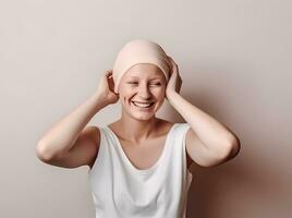 ai generado retrato de caucásico calvo mujer, alopecia y cáncer conciencia foto