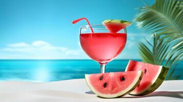 AI generated Watermelon slice, juice drink glass and sunglasses with beach background photo