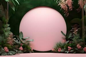 AI generated Pink mockup frame wall decorated by green plants, copy space photo