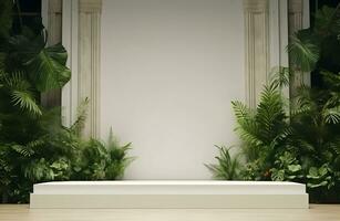 AI generated Luxury mockup wall decorated by green plants, copy space photo