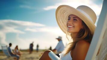 ai generado hermosa caucásico mujer bronceado piel en playa foto