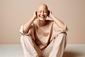 ai generado retrato de caucásico calvo mujer, alopecia y cáncer conciencia foto