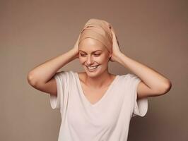 ai generado retrato de caucásico calvo mujer, alopecia y cáncer conciencia foto