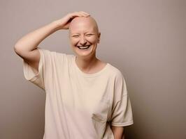 ai generado retrato de caucásico calvo mujer, alopecia y cáncer conciencia foto