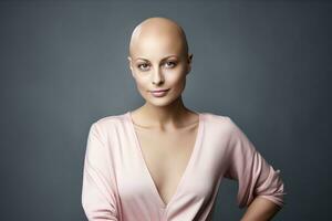 ai generado retrato de caucásico calvo chica, alopecia y cáncer conciencia foto